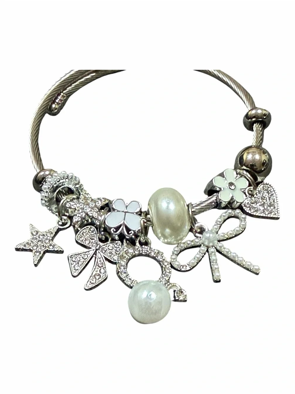 Silver Pearl & Crystal Charm Twisted Bangle Bracelet